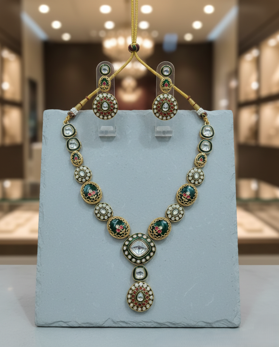 Green kundan necklace set with red stone detailing, traditional Indian jewellery