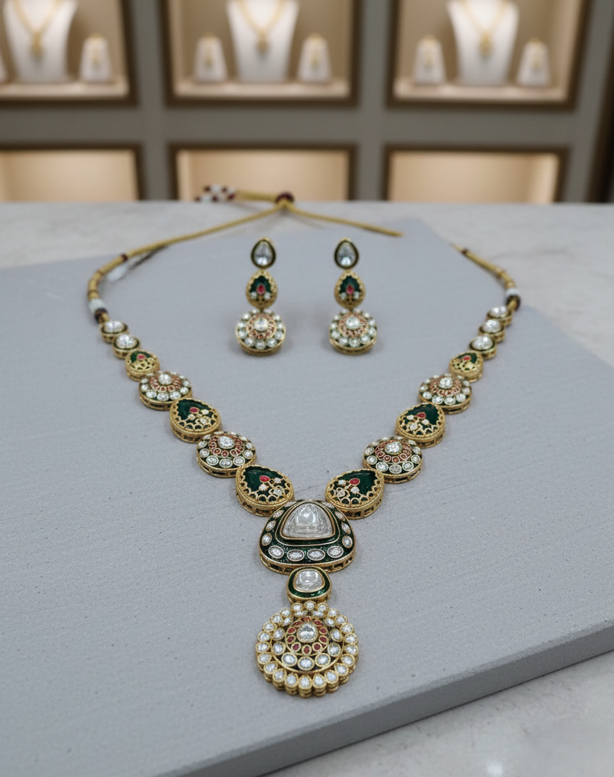Green kundan necklace set with red stone accents, traditional Indian jewellery