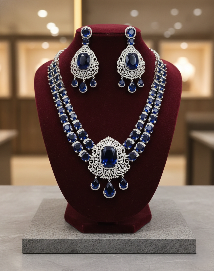 Royal blue stone diamond necklace set with matching earrings in silver finish