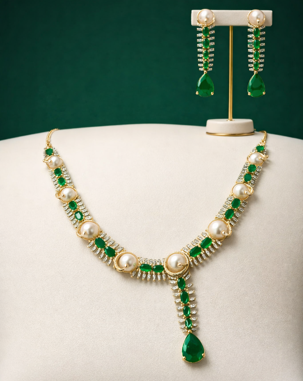 Luxury gemstone and pearl necklace set with coordinated earrings, wedding jewellery available online