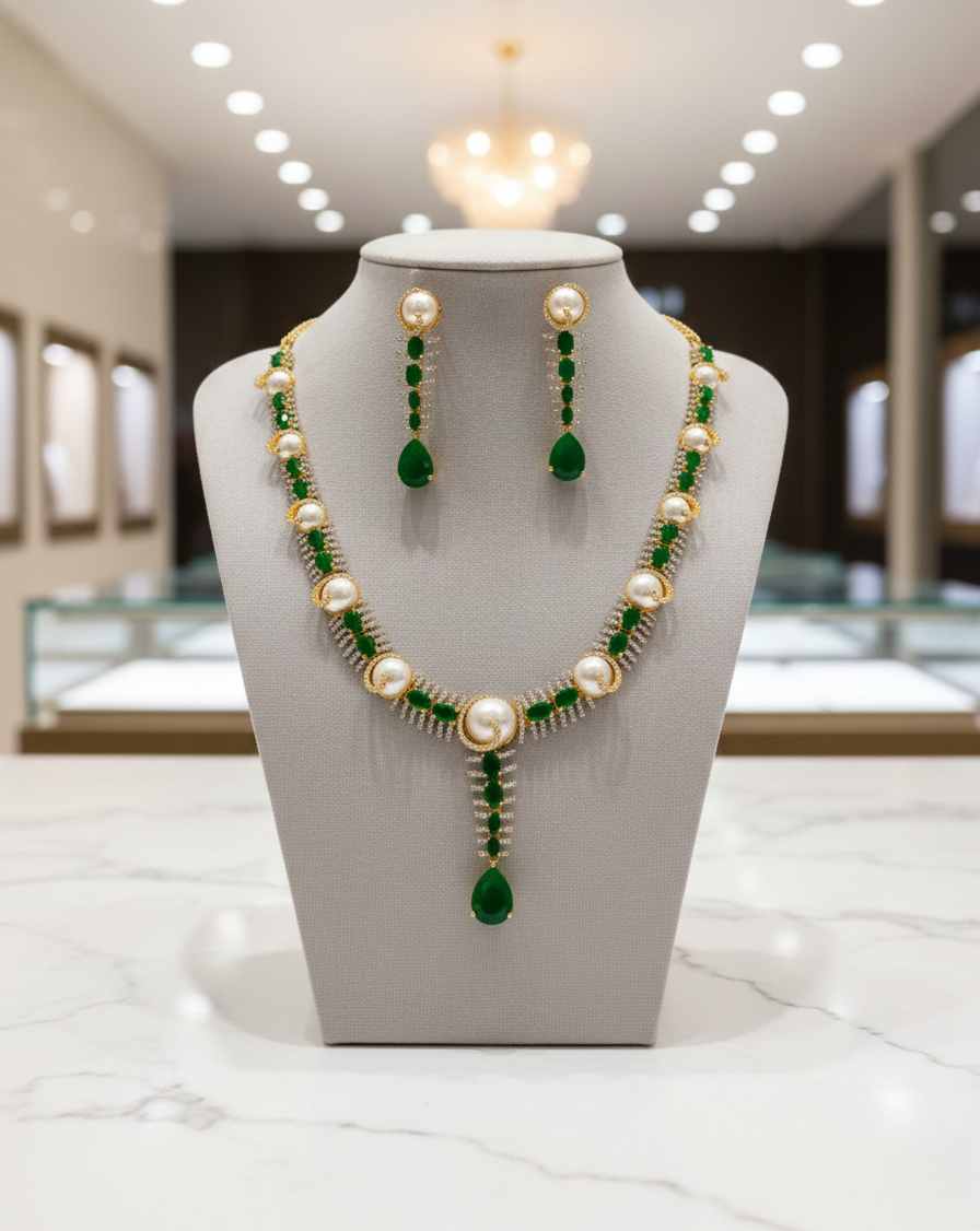 Designer gold finish necklace set featuring emerald tone stones and pearl accents, festive jewellery for sale