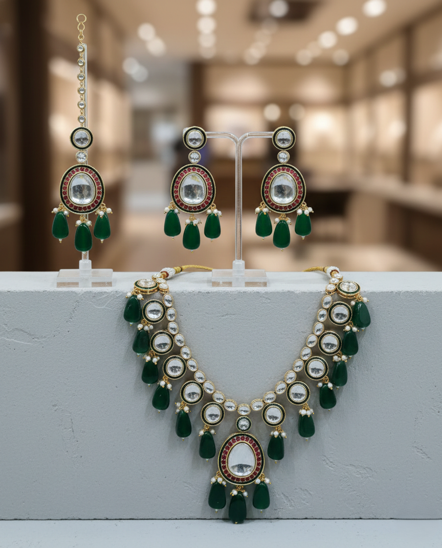 Green kundan bead drop necklace set with earrings, traditional Indian jewellery