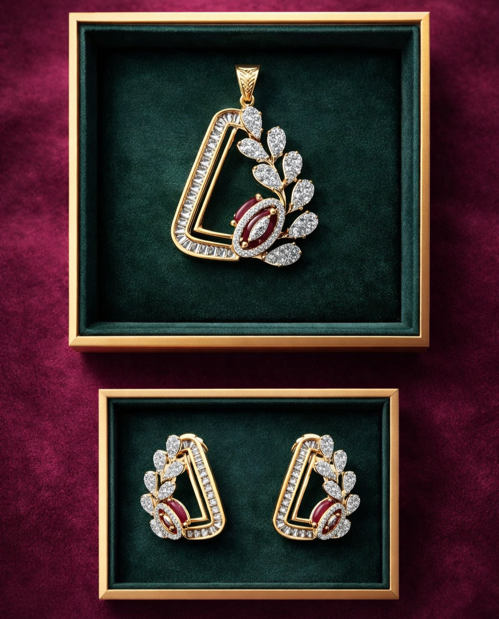 Jewelry set with pendant and earrings in a green velvet box on a purple background