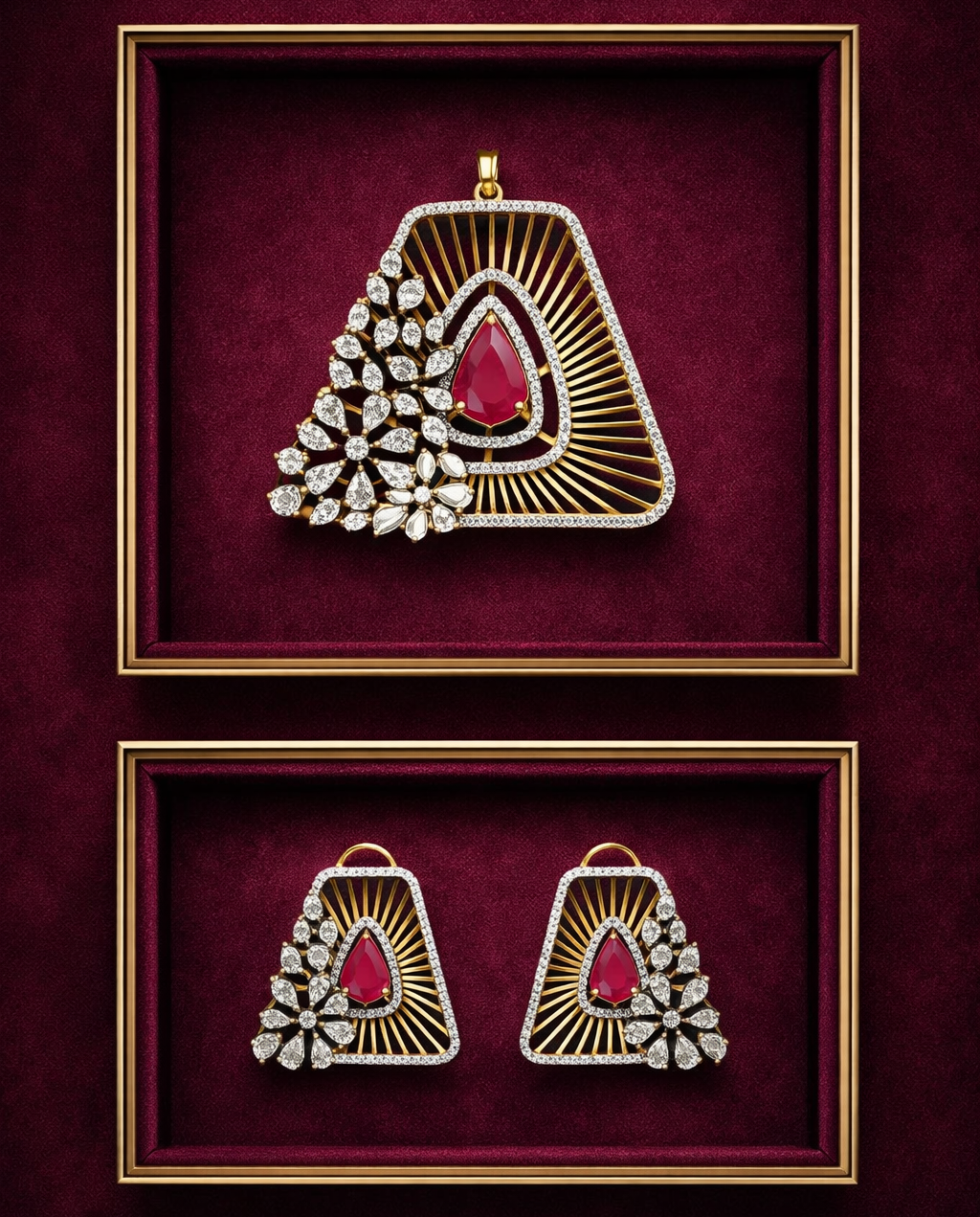 Jewelry set with pendant and earrings on a burgundy background