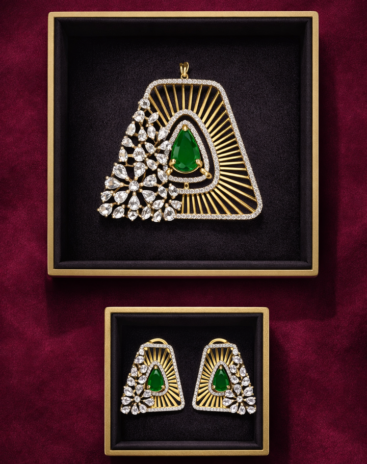 Jewelry set with pendant and earrings on a dark background