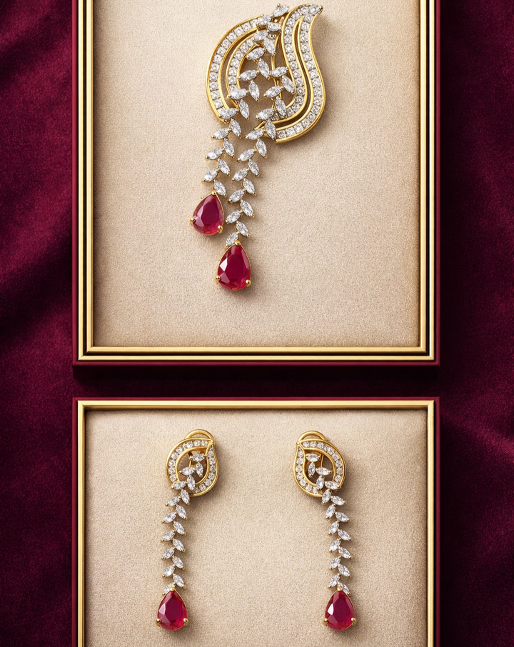 Luxury ruby red drop diamond finish gold pendant necklace with earrings, premium jewellery to buy online