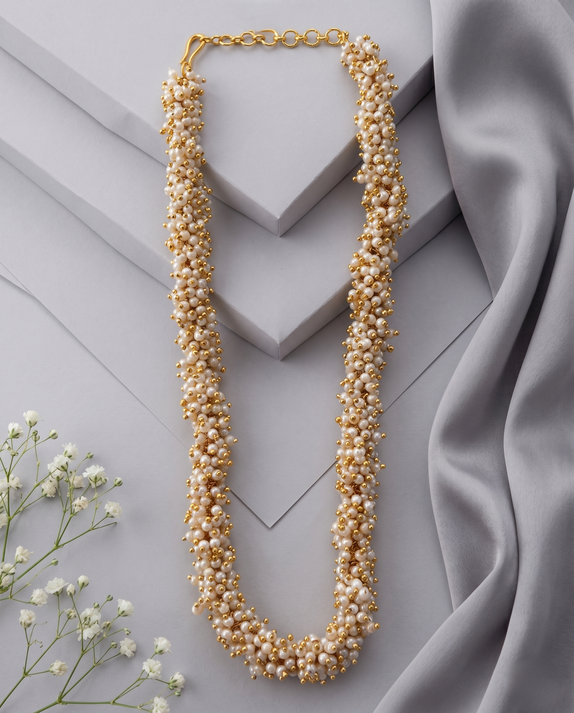 Long pearl necklace with gold chain on a light gray background