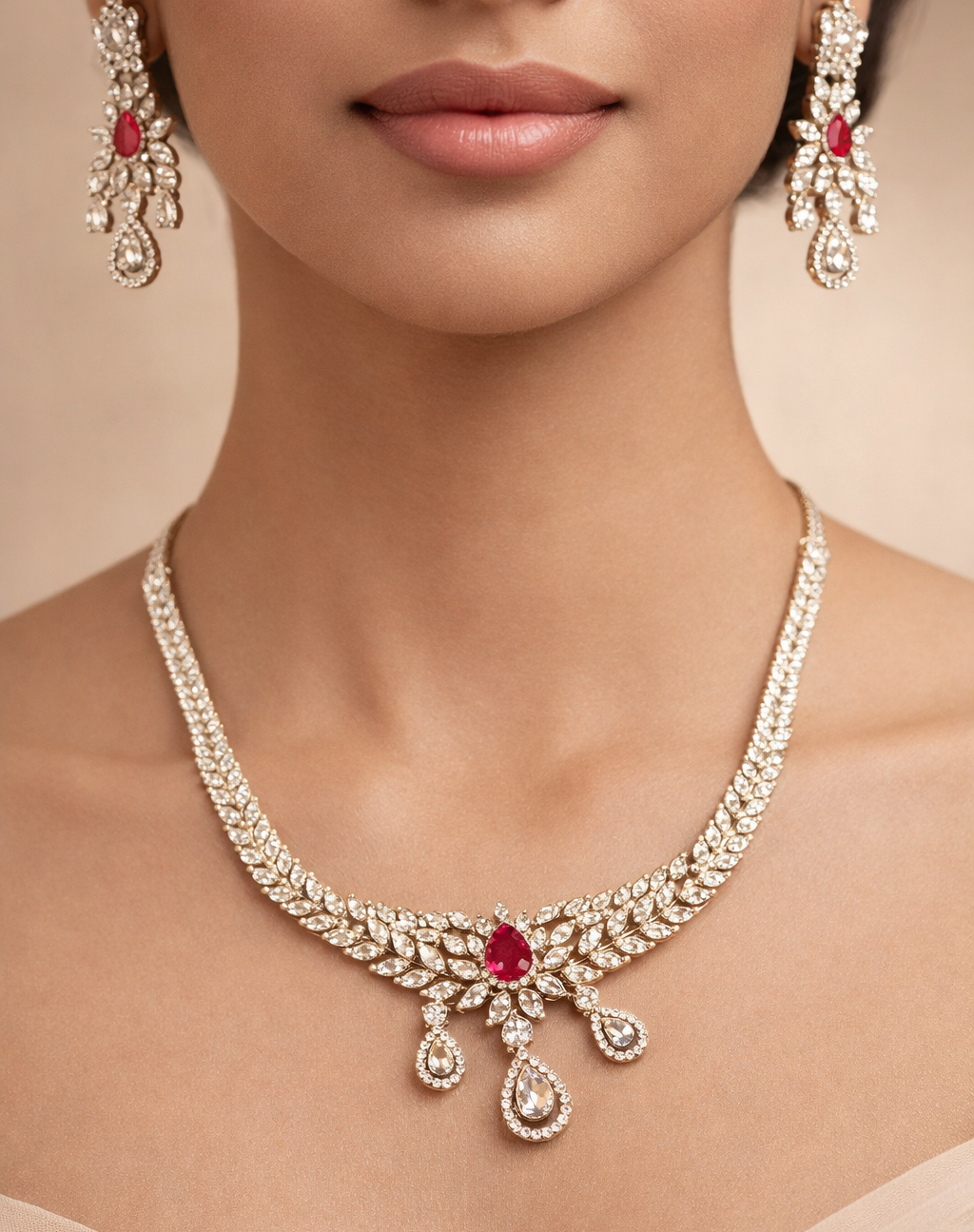Close-up of a woman wearing a diamond necklace with red gemstones and matching earrings on a beige background.