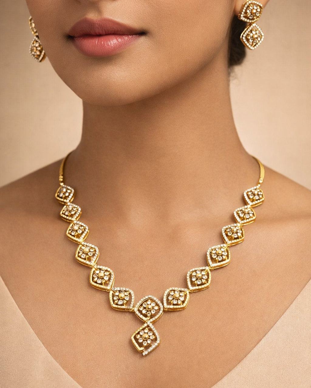 Gold necklace and earrings on a model against a beige background