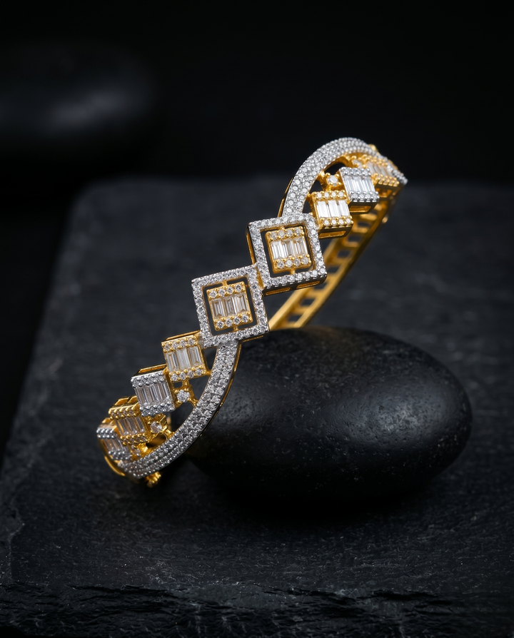 Luxury Square Diamond Bracelet in Gold Polish | Openable Designer Bracelet for Women with black background 

