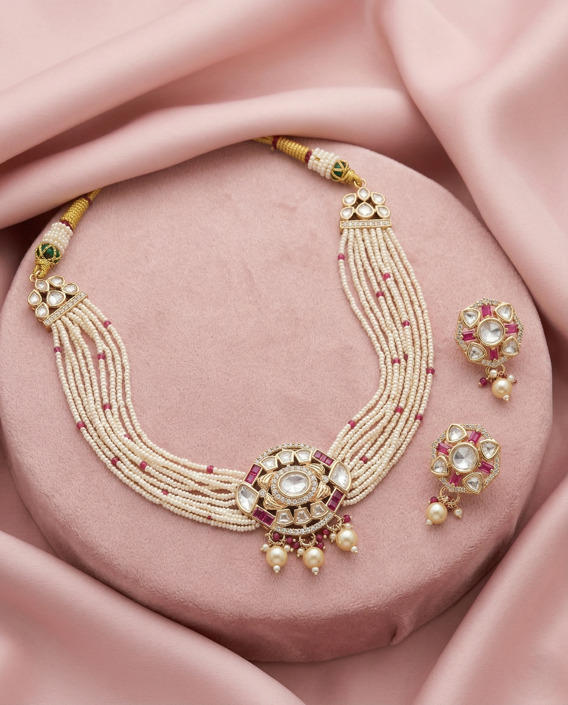 Kundan Pearl Choker Necklace Set Real Gold Tone with Ruby Pink Stone Detailing with Earrings