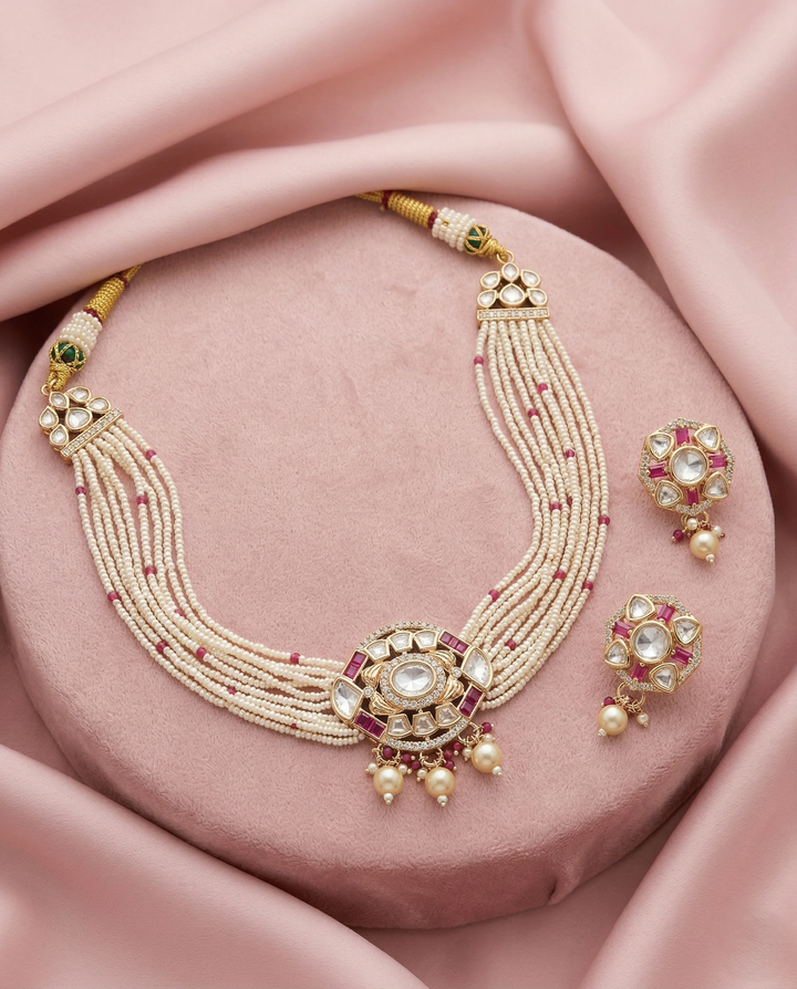 Kundan Pearl Choker Necklace Set Real Gold Tone with Ruby Pink Stone Detailing with Earrings