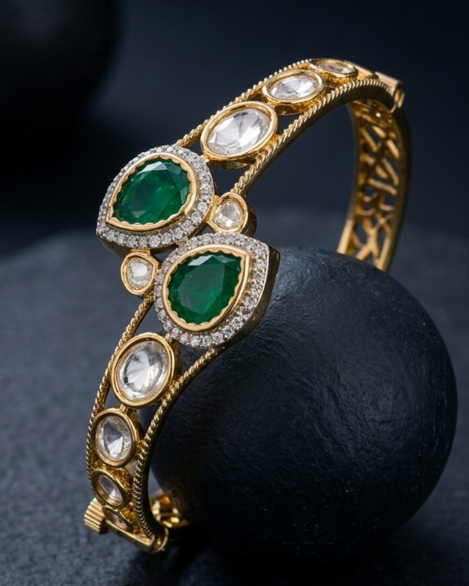 Elevate your traditional look with the Mehvira Mehndi Polish Mossanite Emerald Floral Kada Bracelet