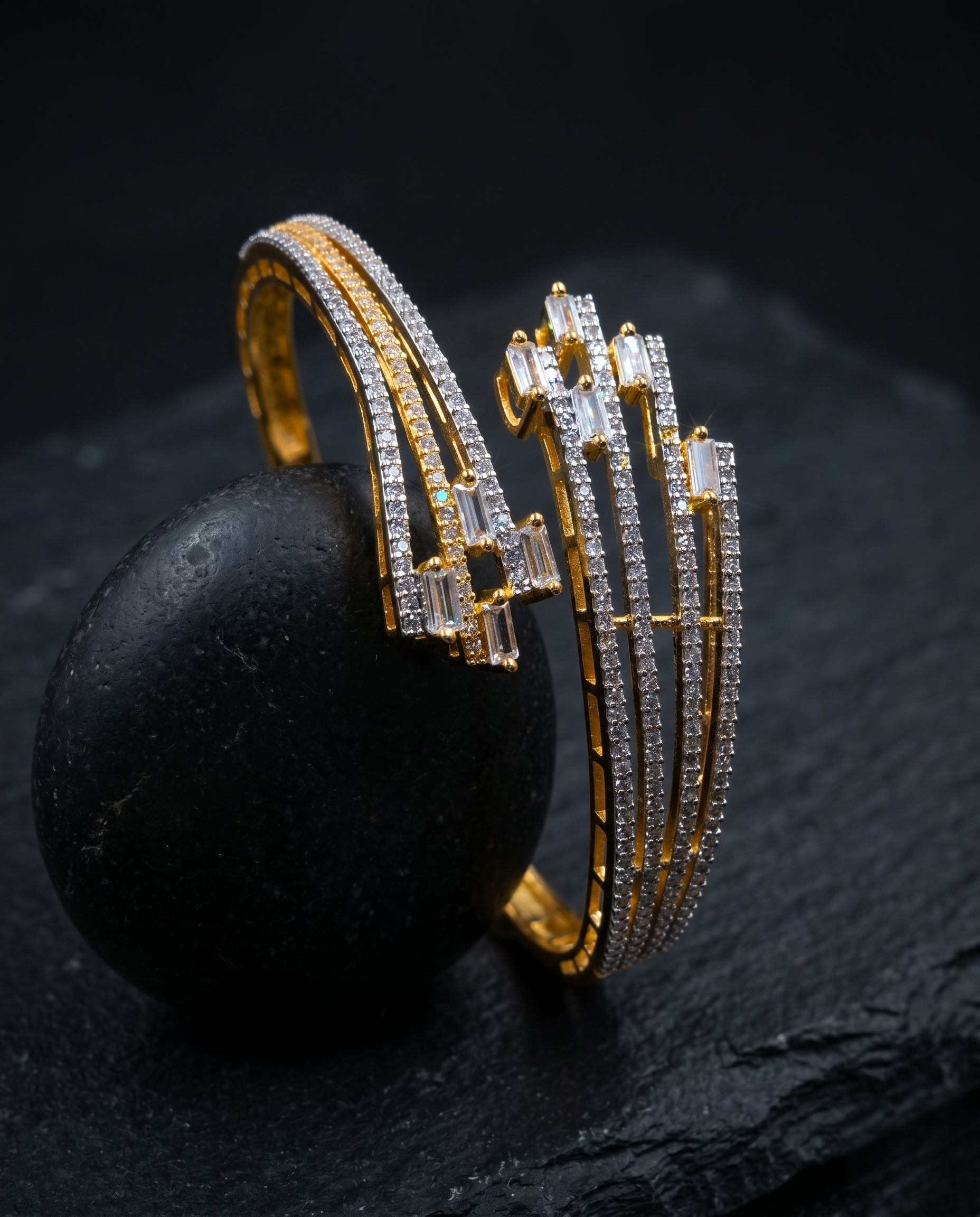 Multi Line Diamond Bracelet in Gold Polish | Openable Baguette Designer with black background
