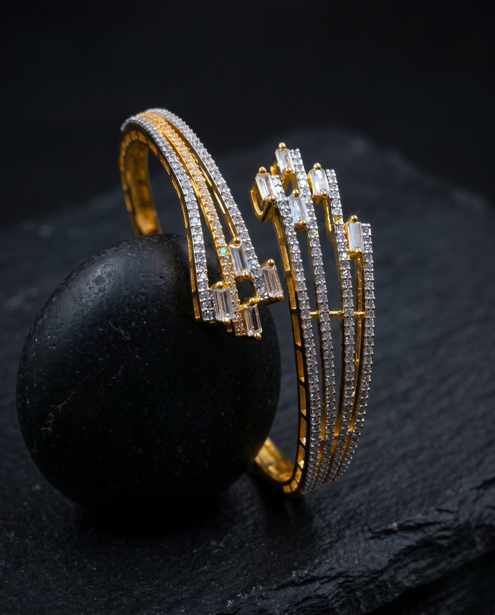 Multi Line Diamond Bracelet in Gold Polish | Openable Baguette Designer with black background
