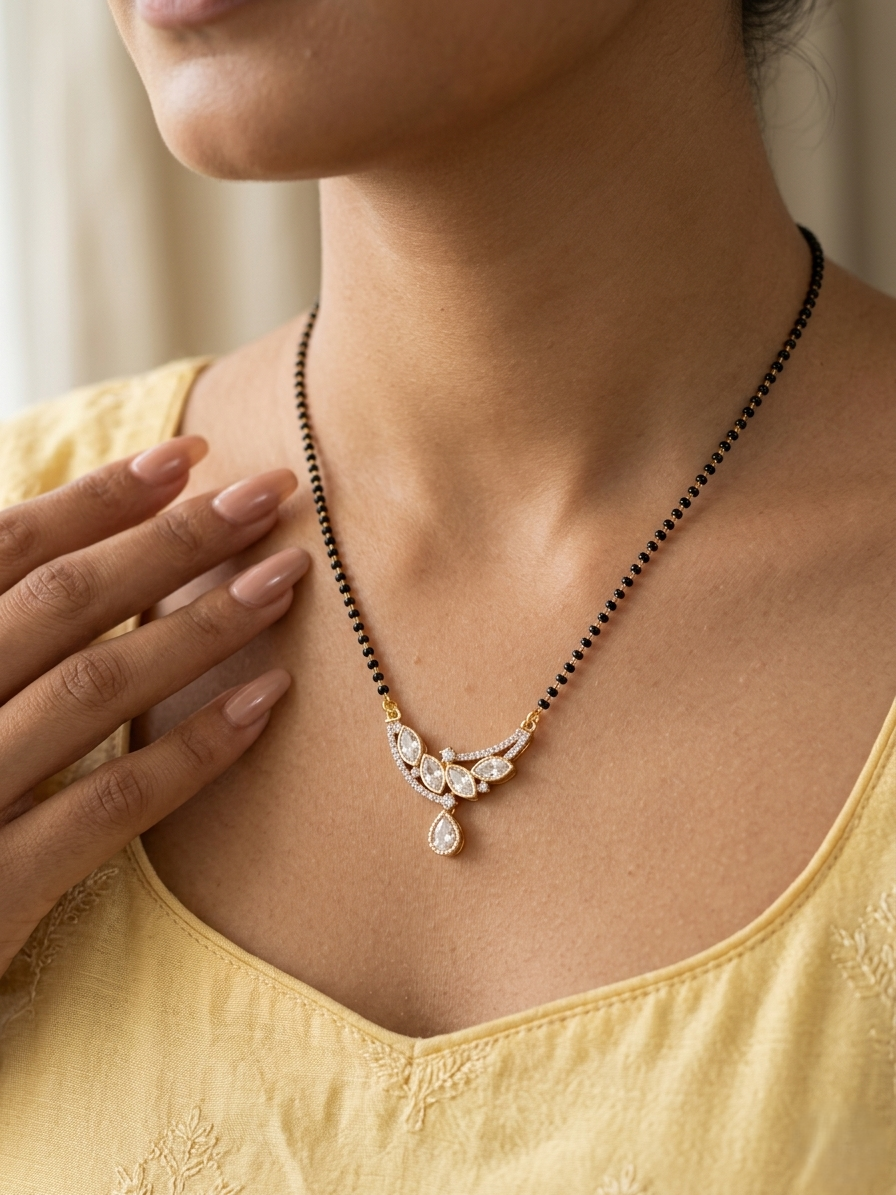 Necklace with a pendant worn by a person in a yellow top, with a neutral background.