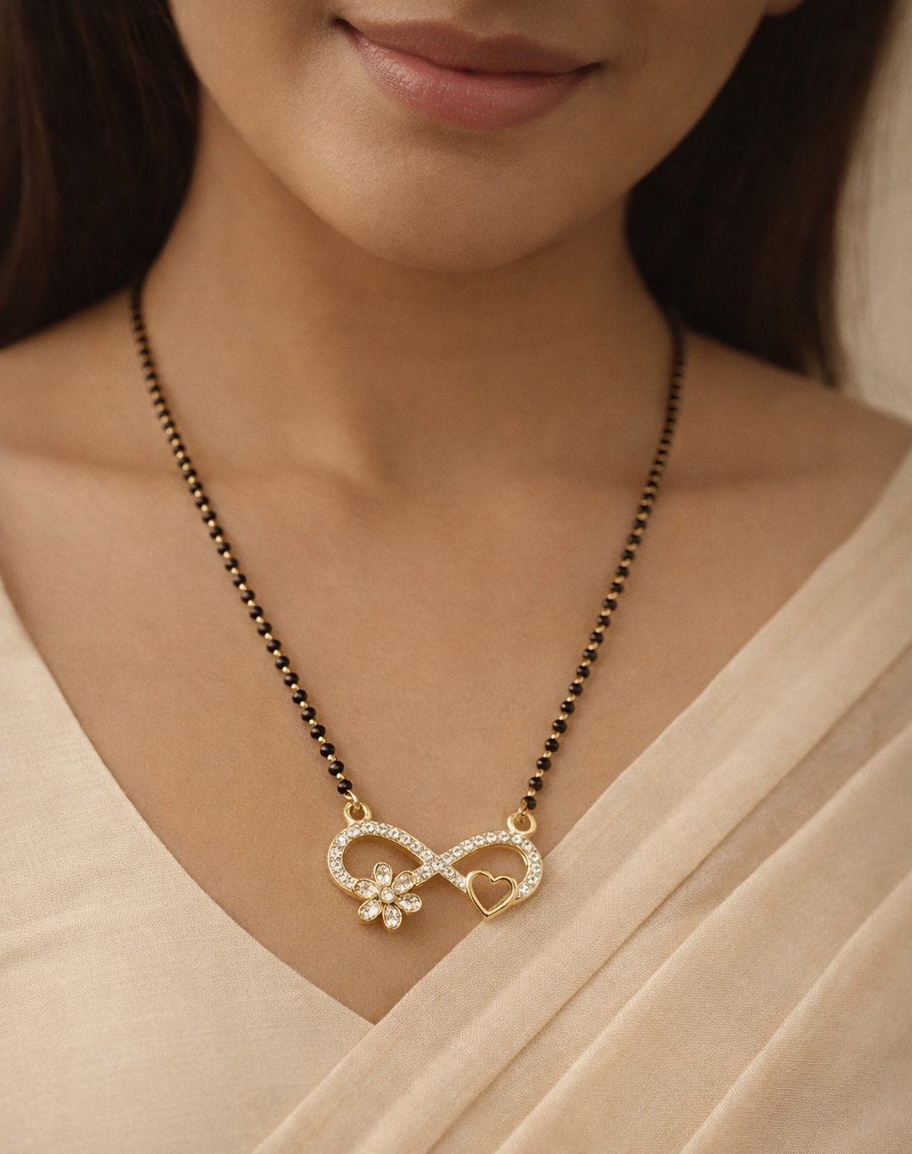 Gold-finish mangalsutra necklace featuring floral heart infinity diamond-style design