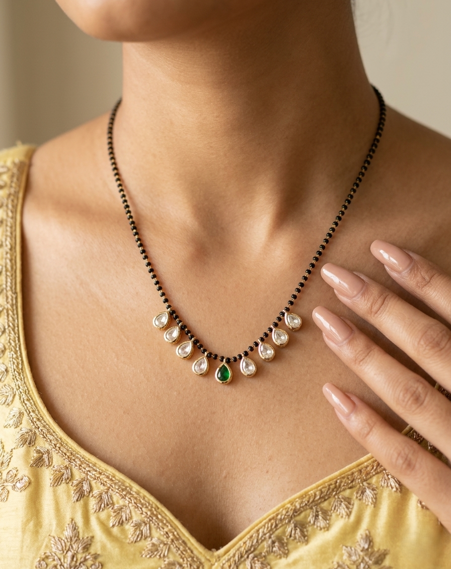 Necklace with pearls and a green gemstone worn by a person in a yellow outfit.