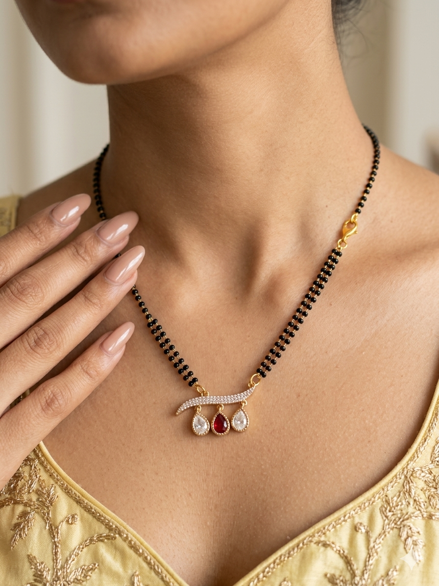 Necklace with pendant worn by a person, close-up of neck and chest area.