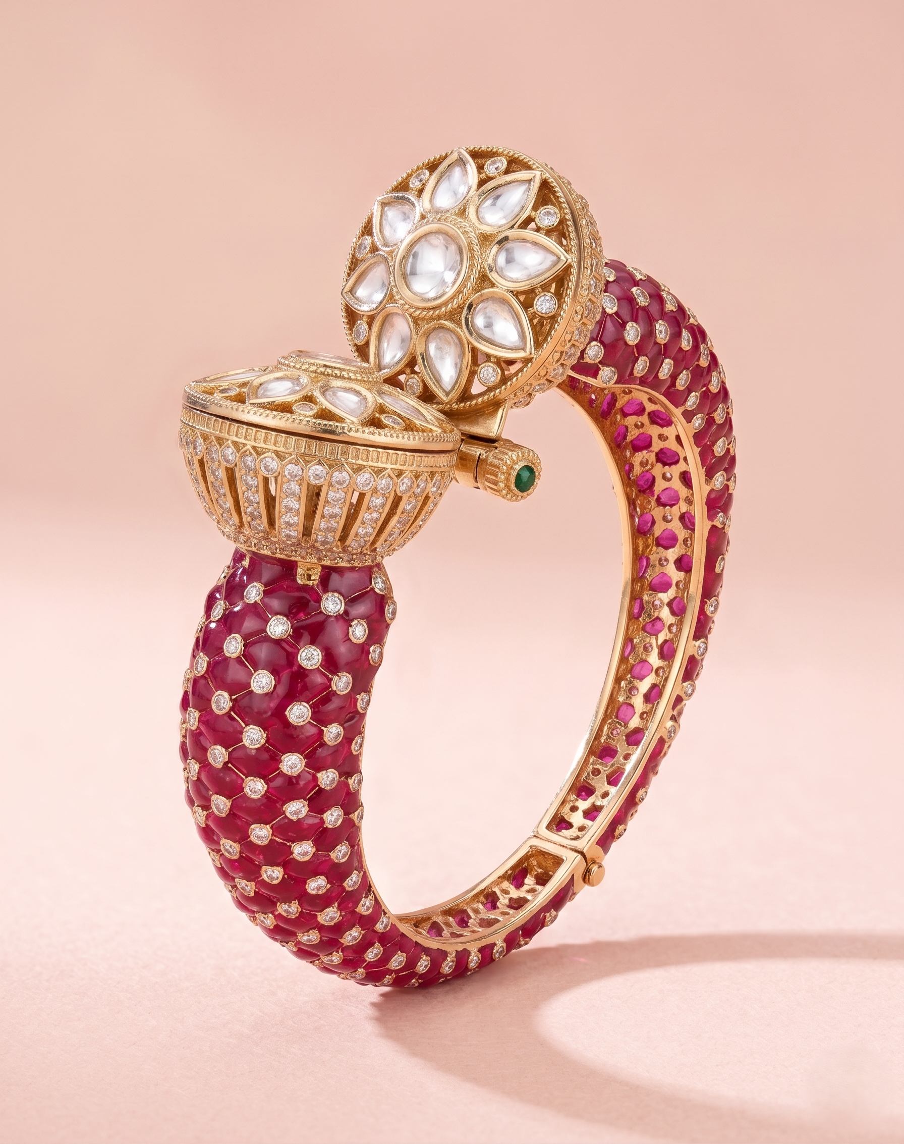 Ornate bracelet with red stones and gold accents on a pink background