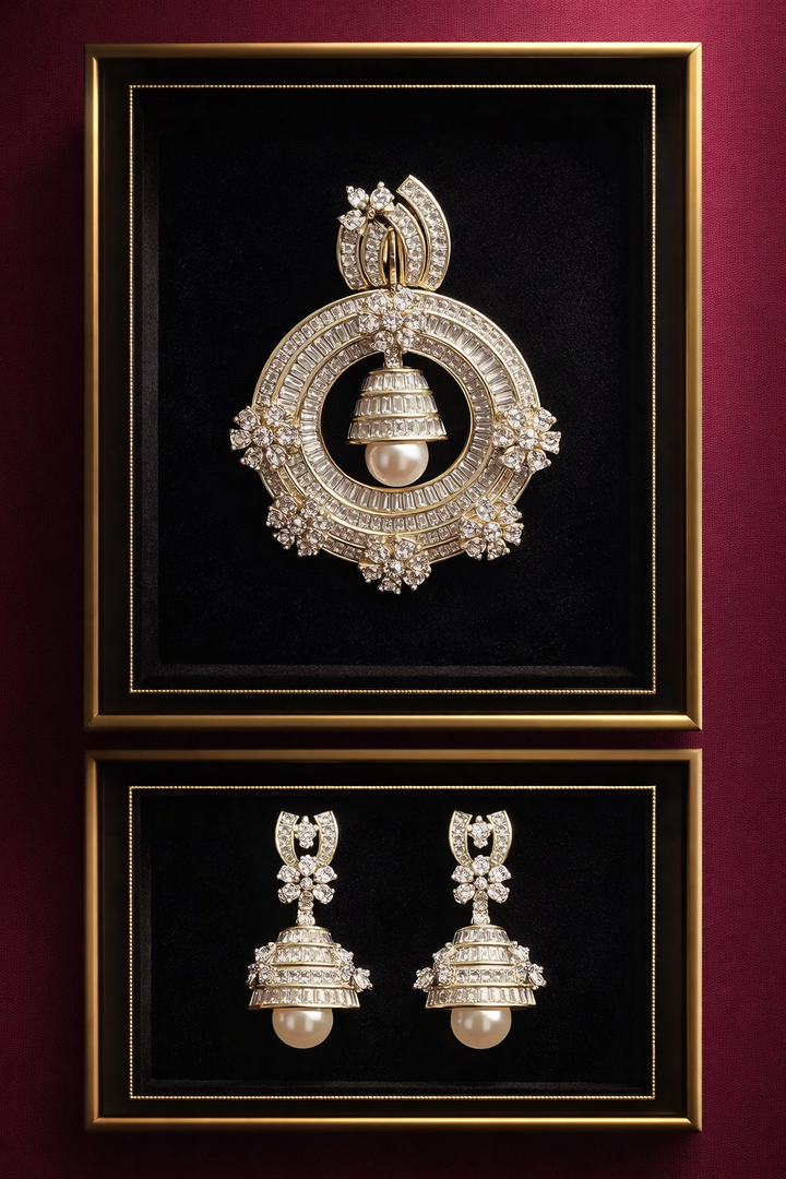 Diamond look pearl gold finish pendant set with matching earrings – luxury imitation jewellery