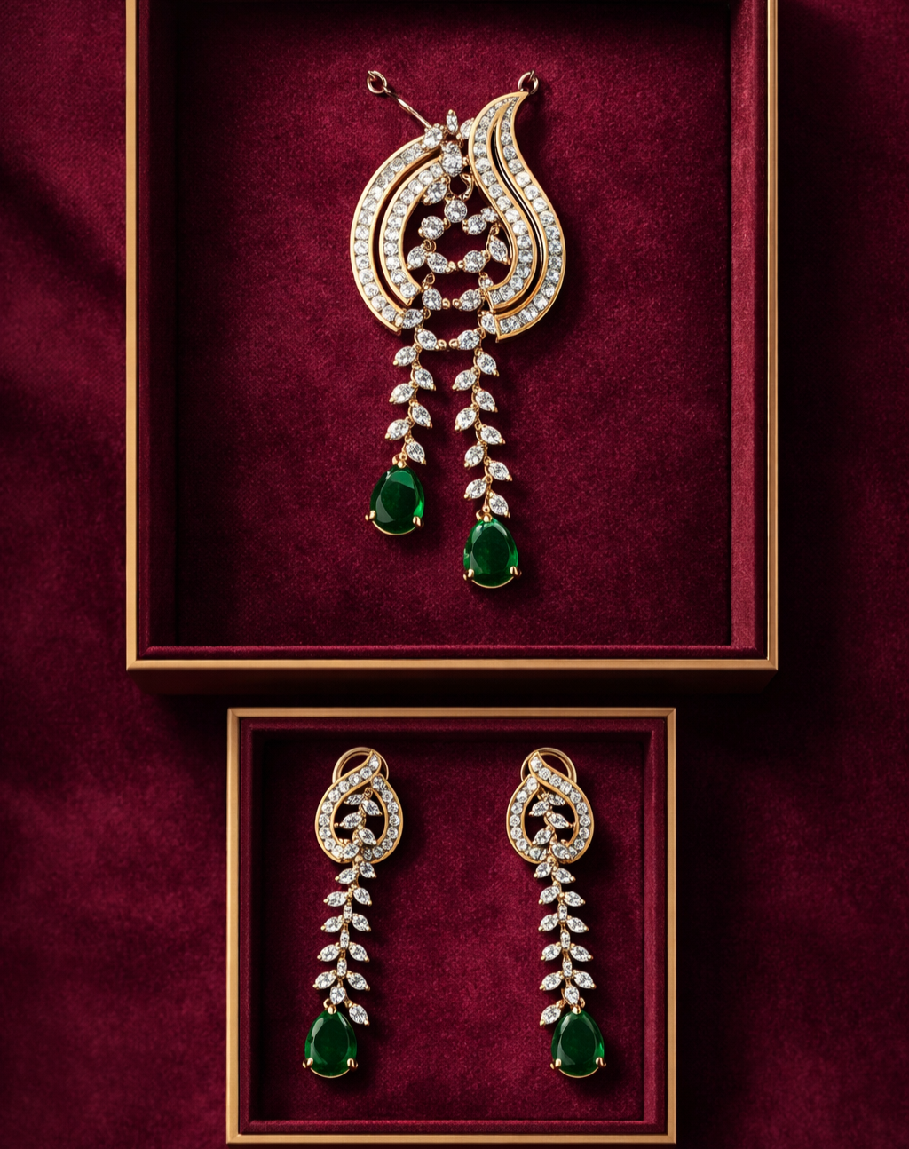 Ornate earrings with green gemstones on a burgundy background