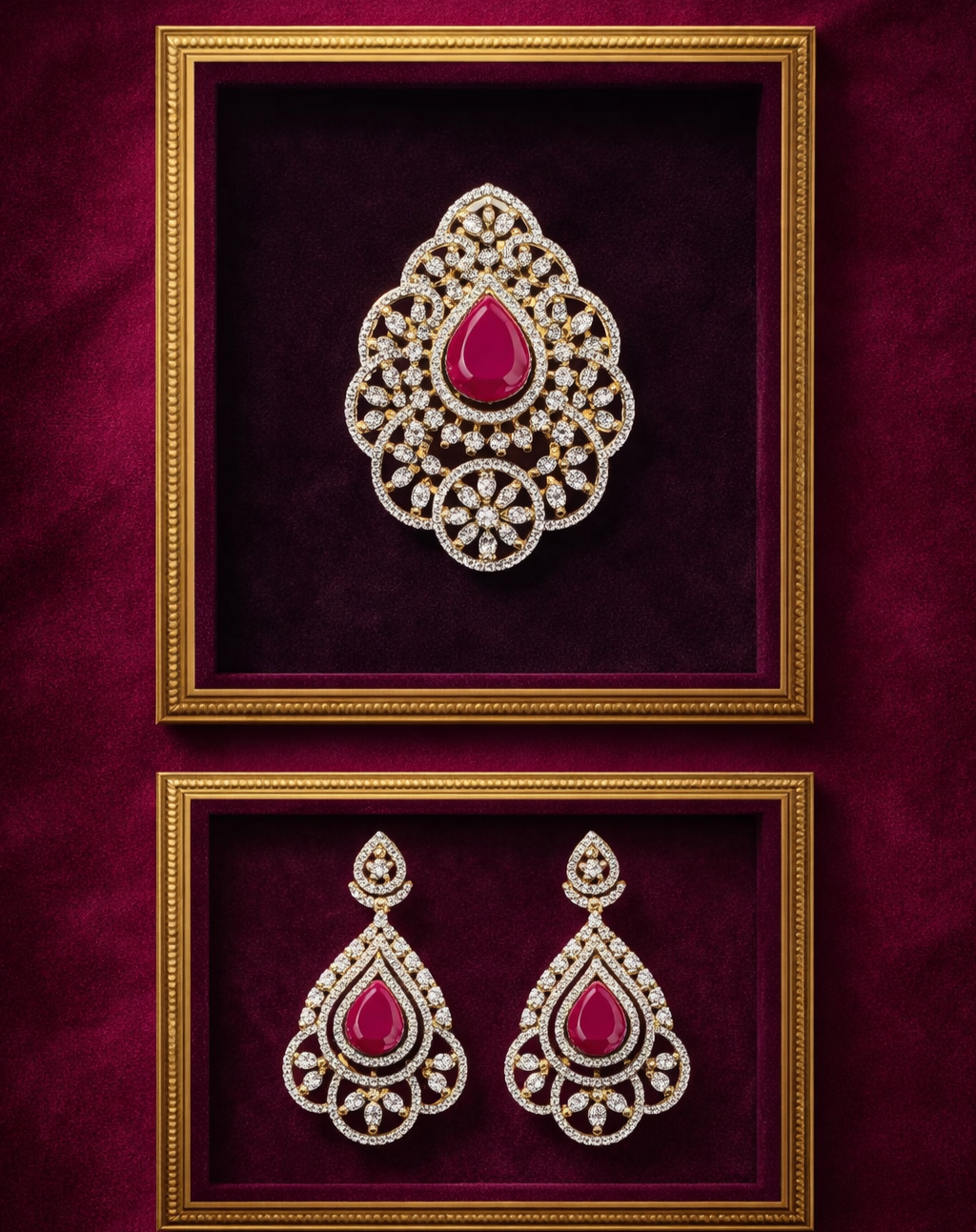 Ornate earrings with red gemstones in gold frames on a dark purple background