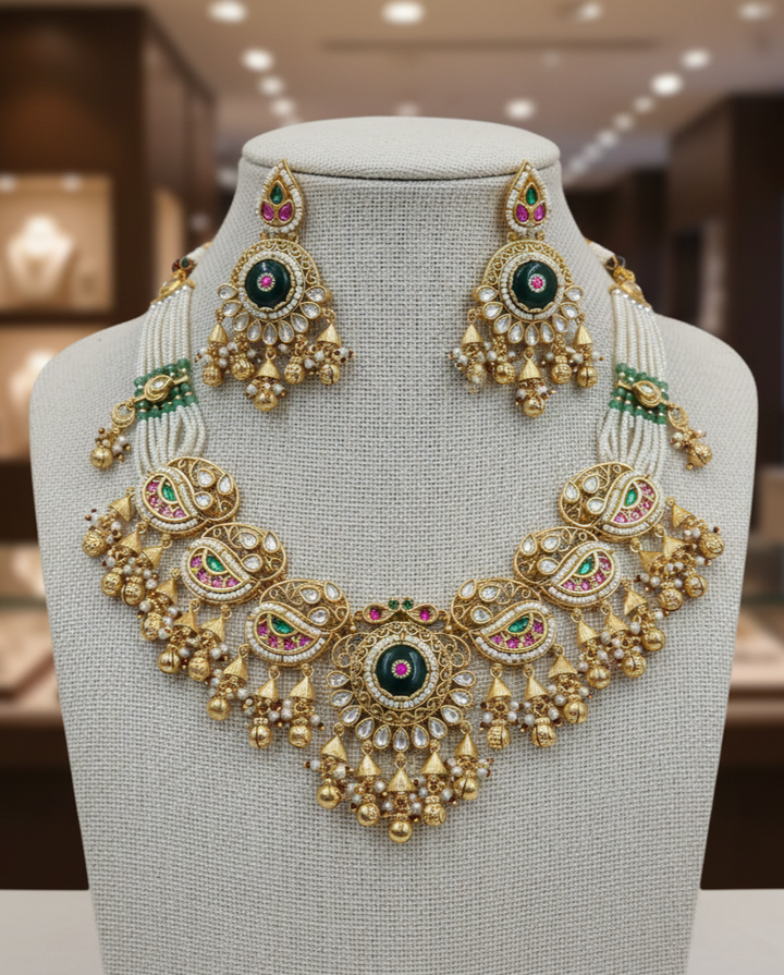 Ornate gold necklace and earrings on a mannequin bust with a blurred background