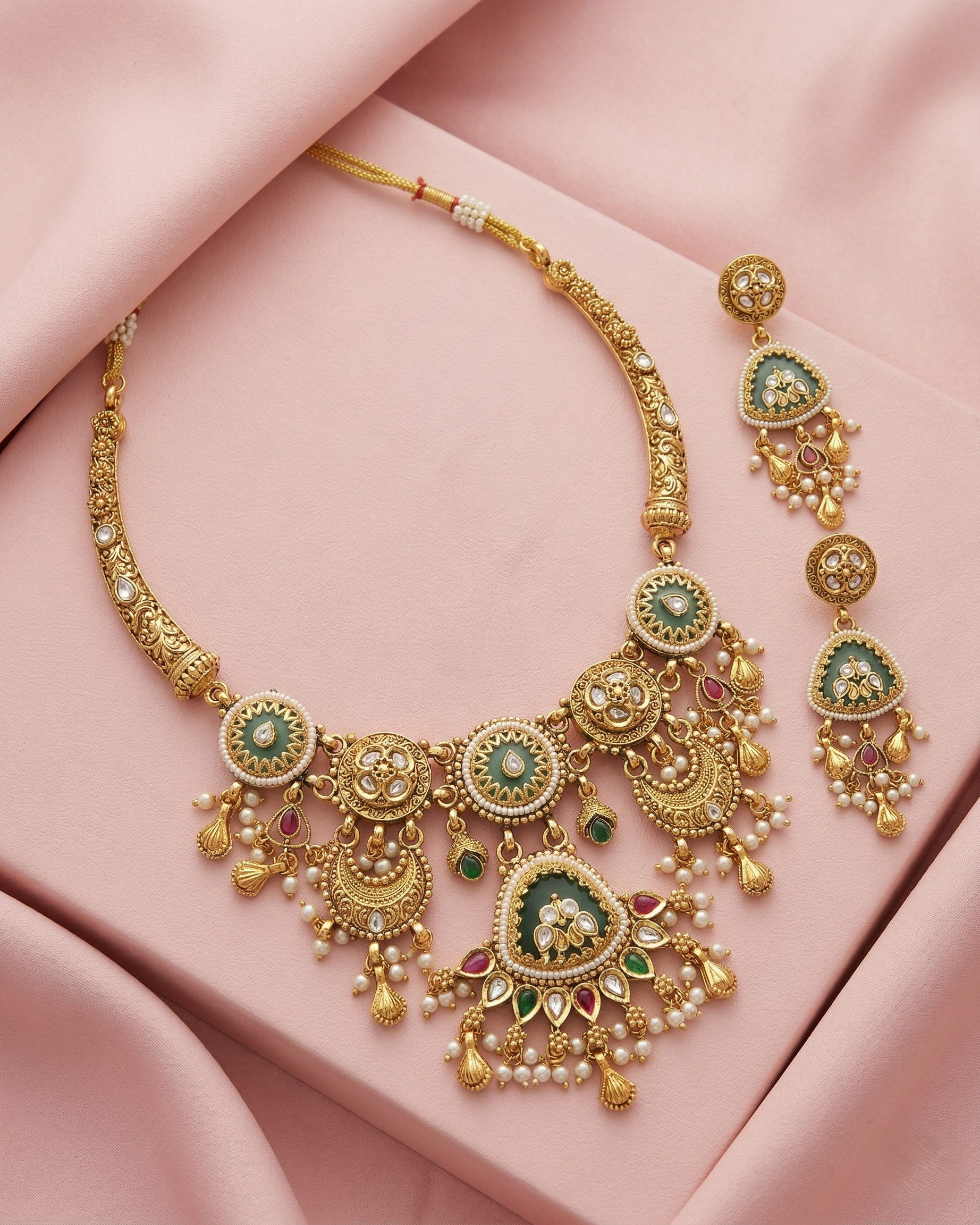 Ornate gold necklace with green and red gemstones on a pink fabric background
