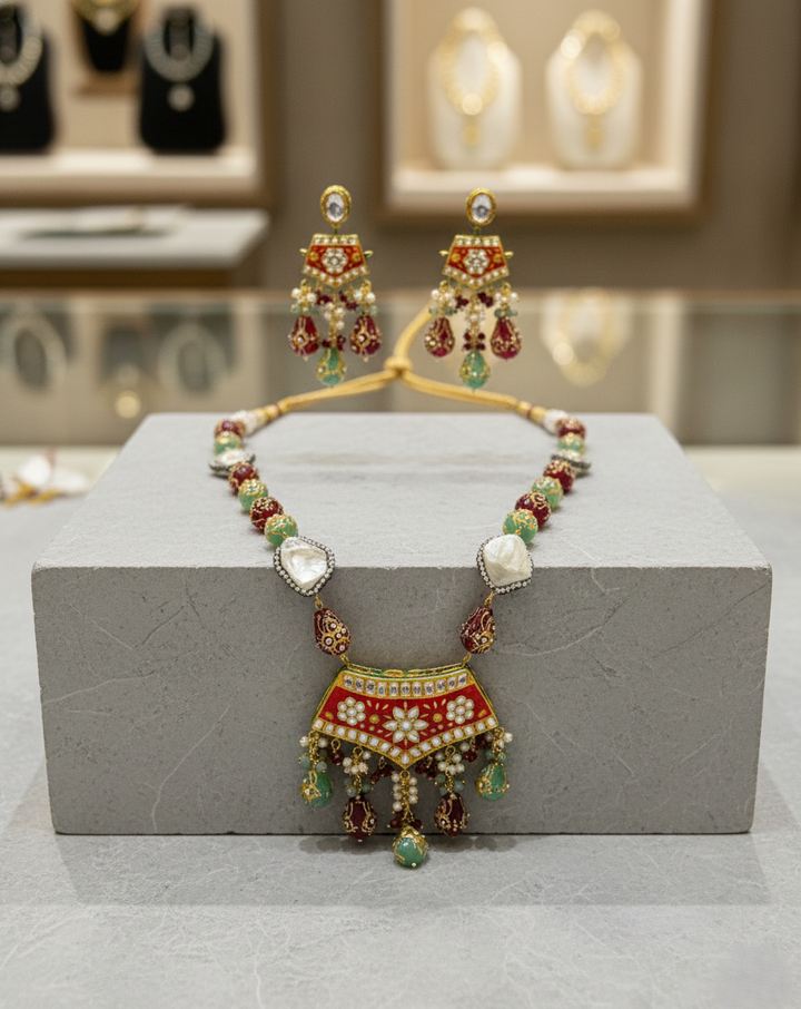 Meenakari pearl long necklace set paired with earrings and multicolour bead accents
