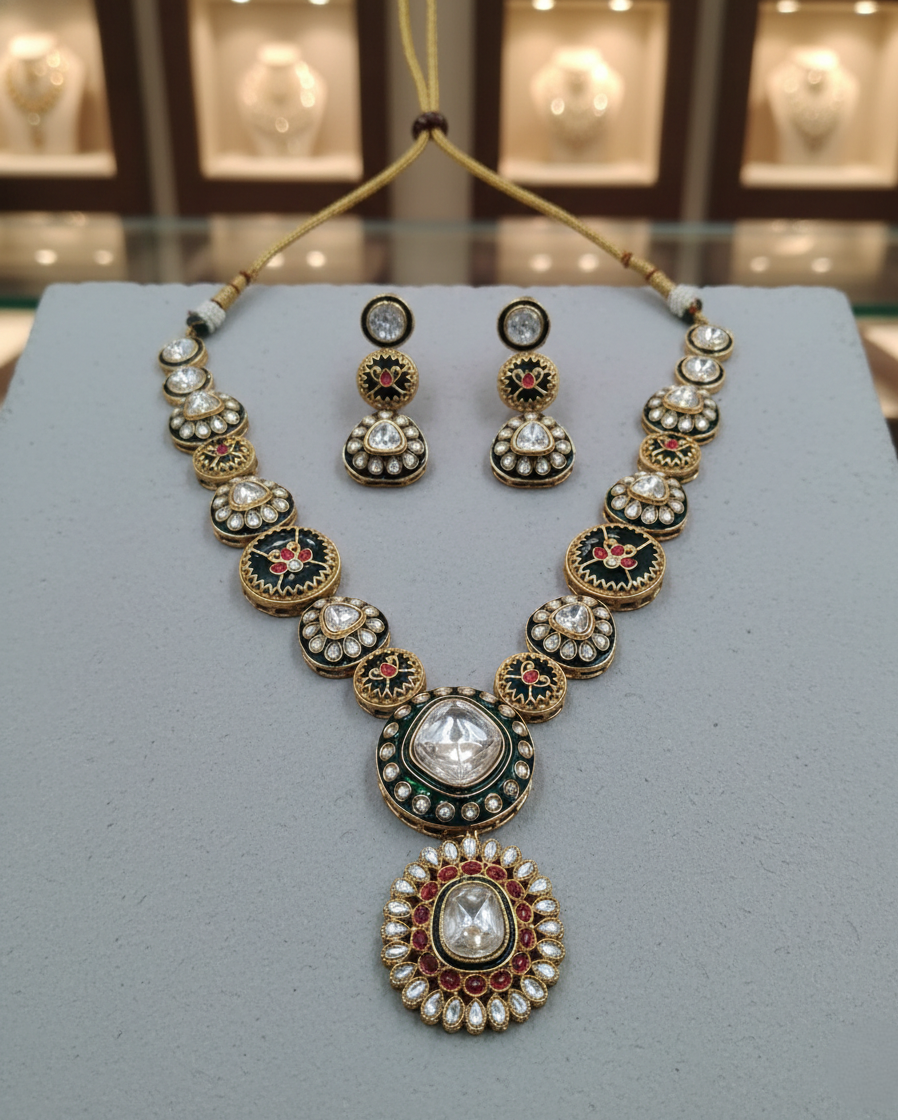 Traditional polki kundan necklace set with green and red enamel and matching earrings, Indian ethnic jewellery