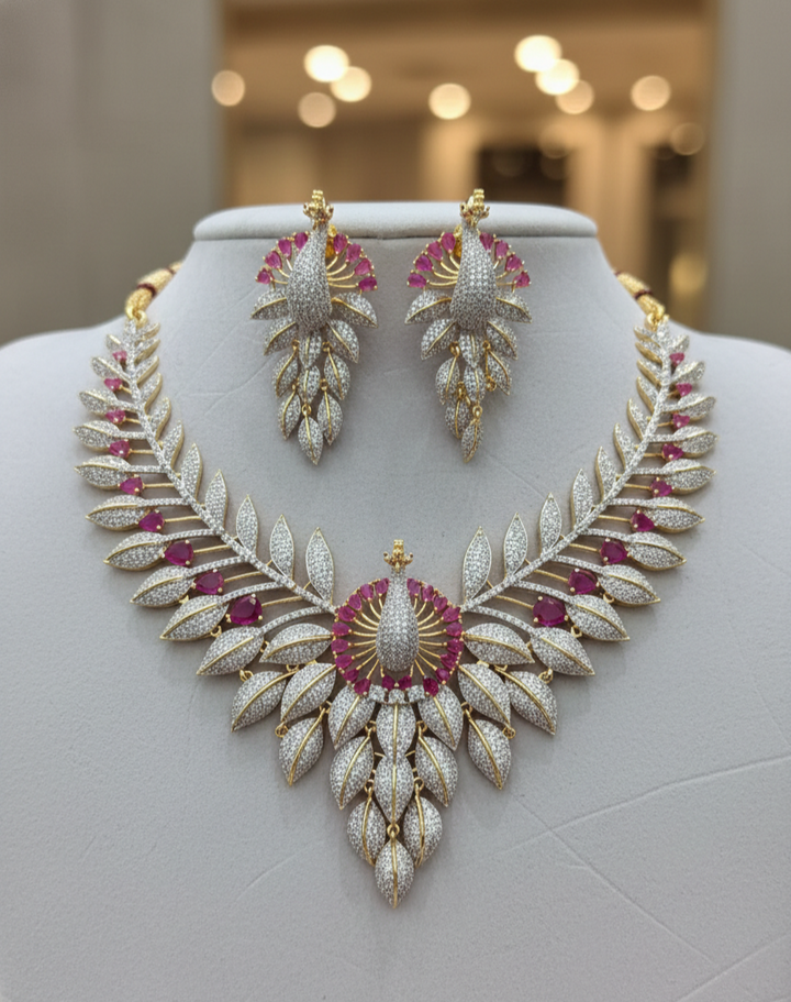 Ornate necklace and earrings set on a mannequin with a blurred background