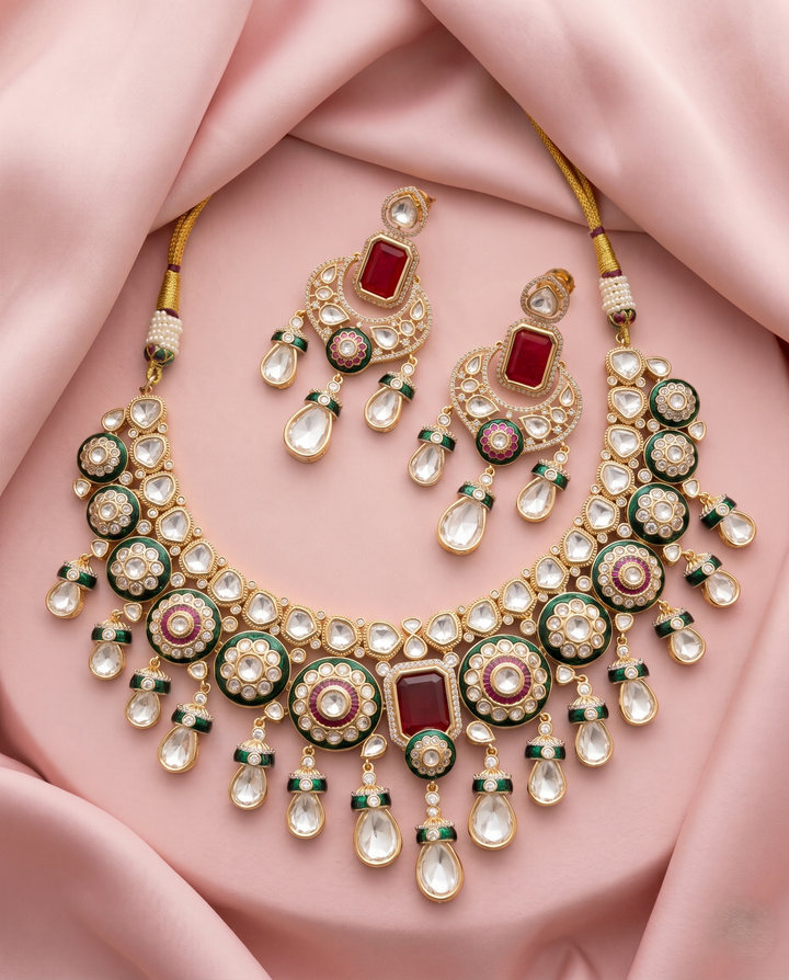 Ornate necklace and earrings set on a pink fabric background