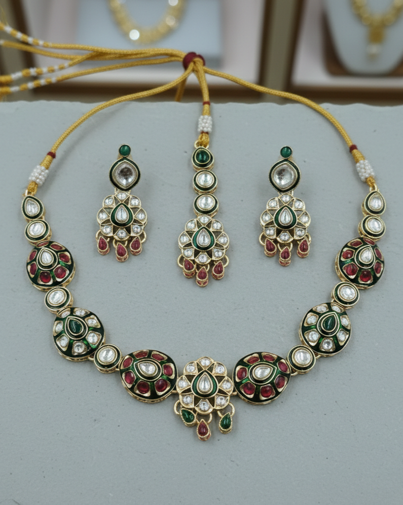 Polki kundan necklace set with green and red enamel work and matching earrings, traditional Indian jewellery