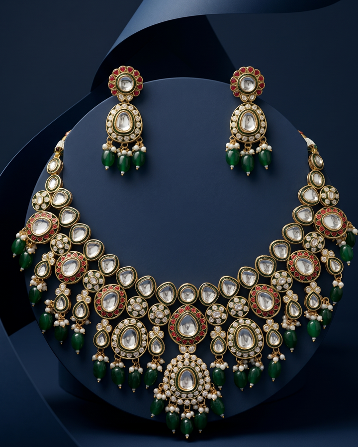 Ornate necklace and earrings with green and gold accents on a dark blue background