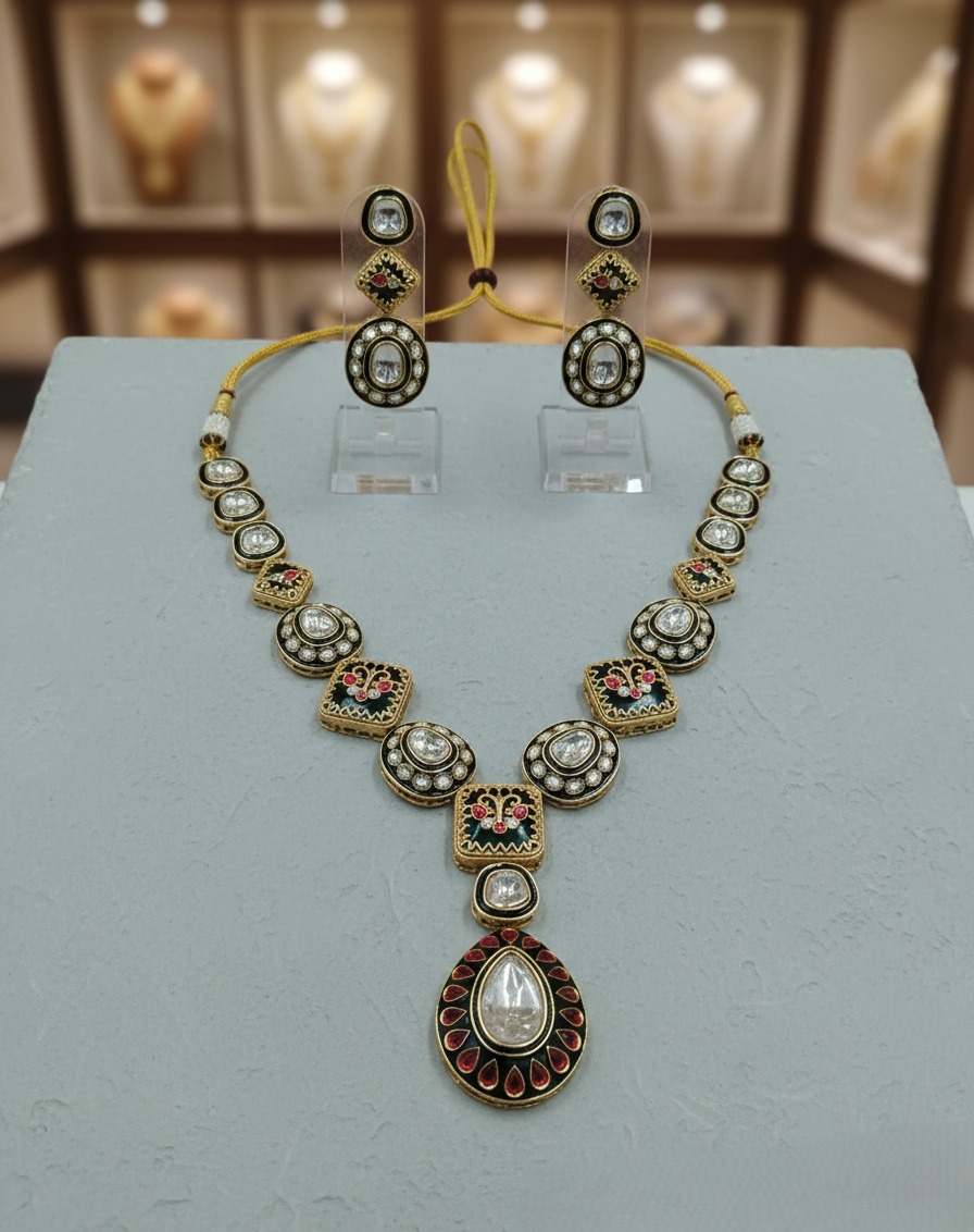 Green meena kundan necklace set with earrings, traditional Indian jewellery