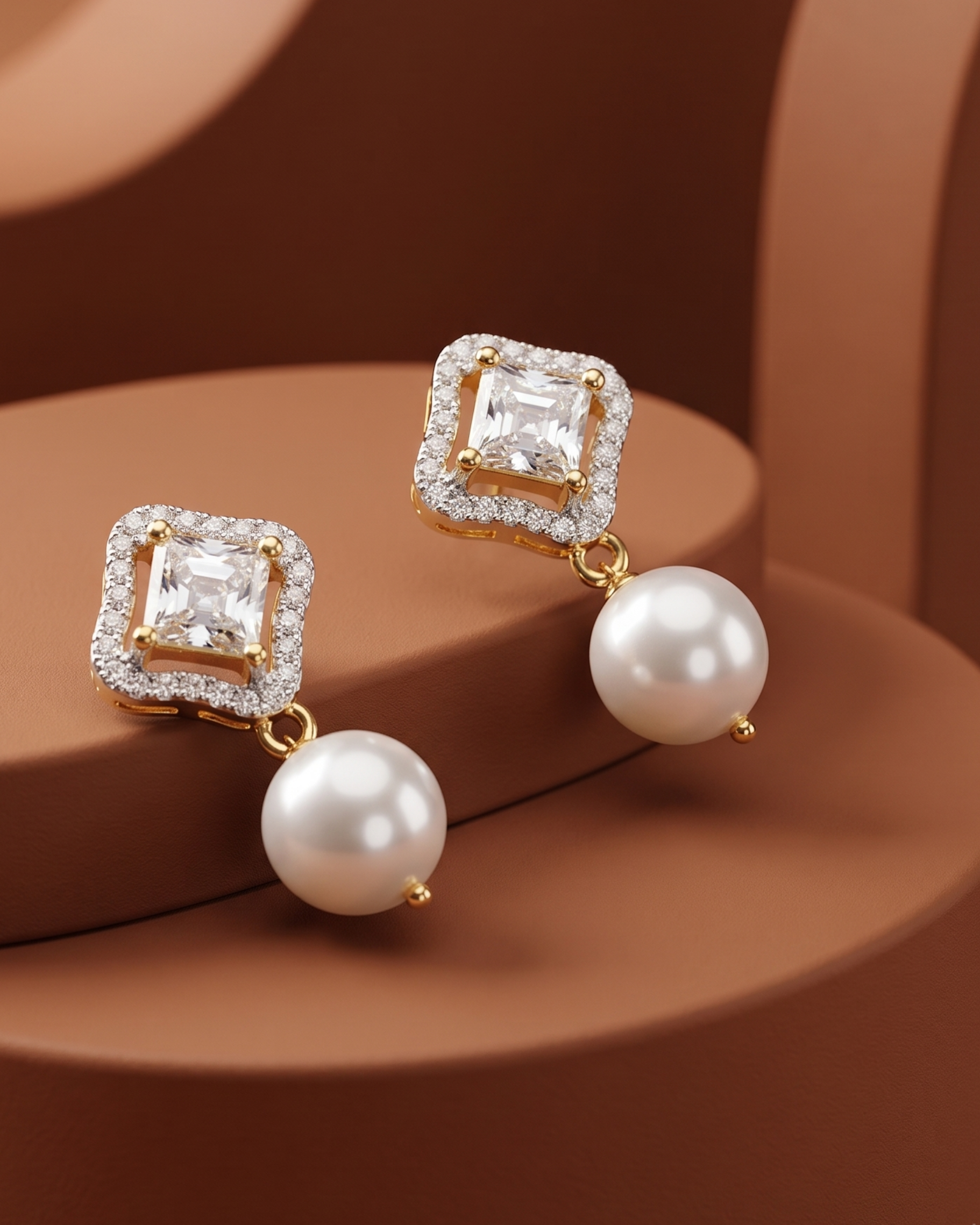 Pair of earrings with square gemstones and pearls on a brown surface