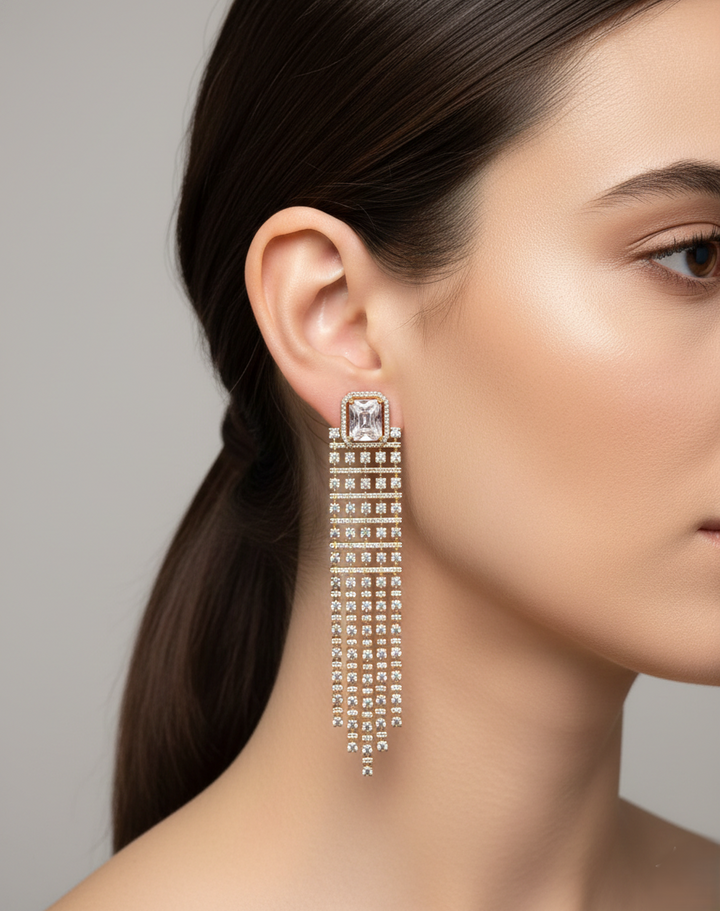 real diamond look long earring withdiamond silver finish and charming stone