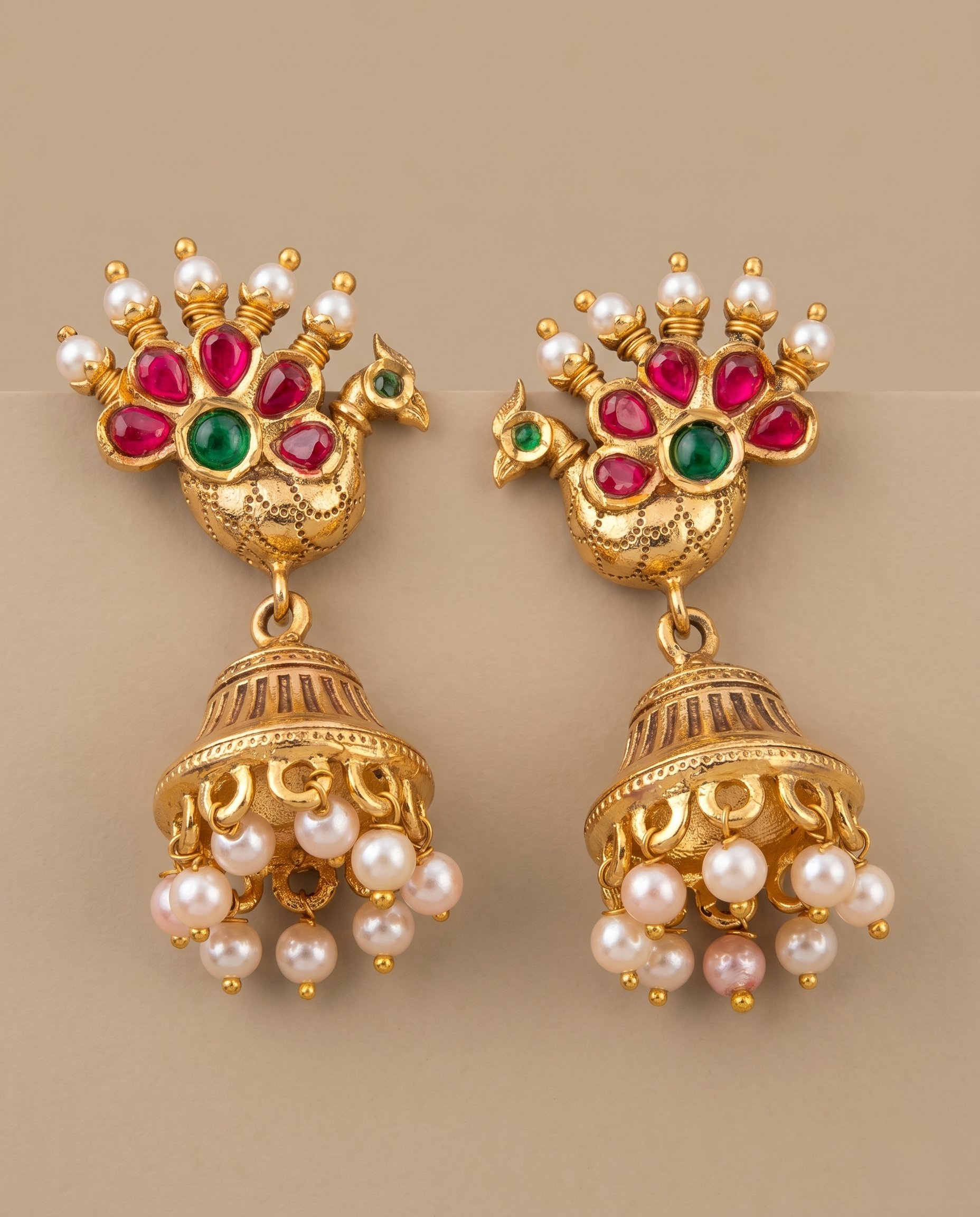 Pair of gold earrings with pearls and gemstones on a beige background