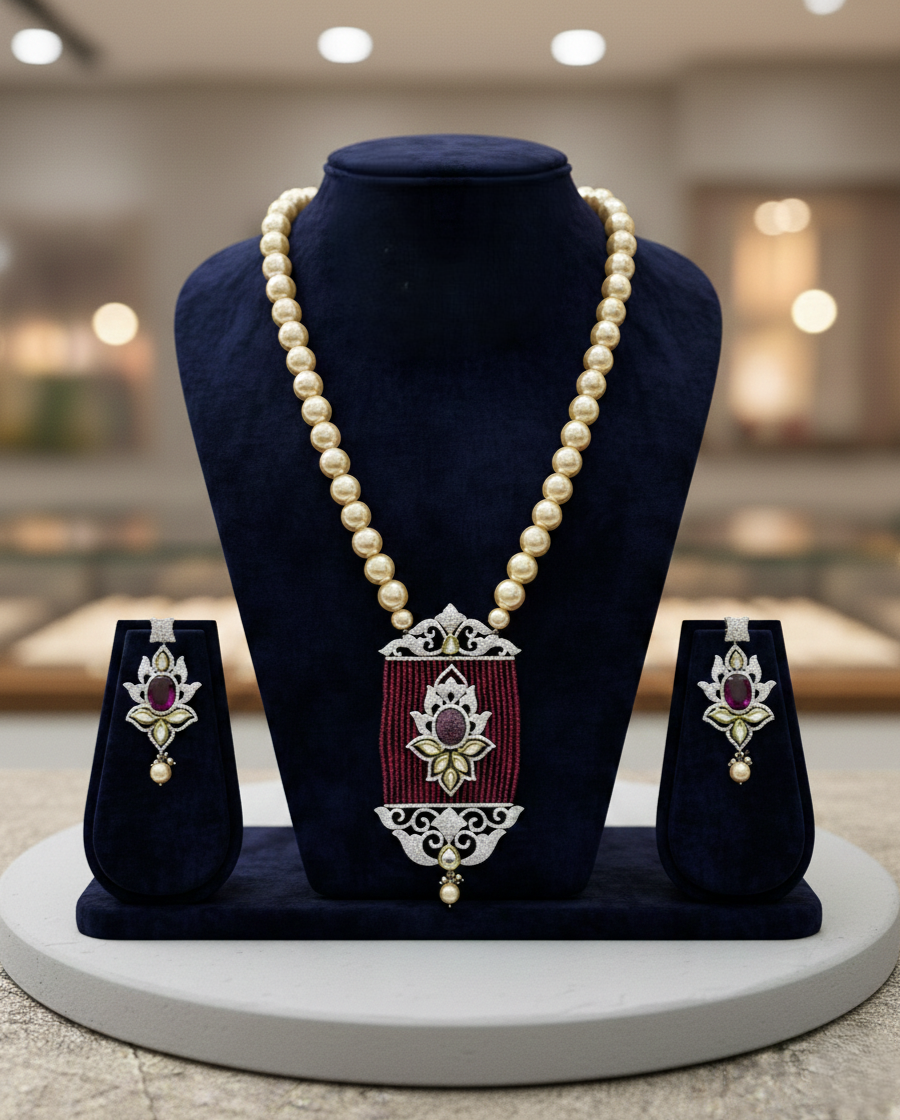 Pearl necklace with a pendant and matching earrings 