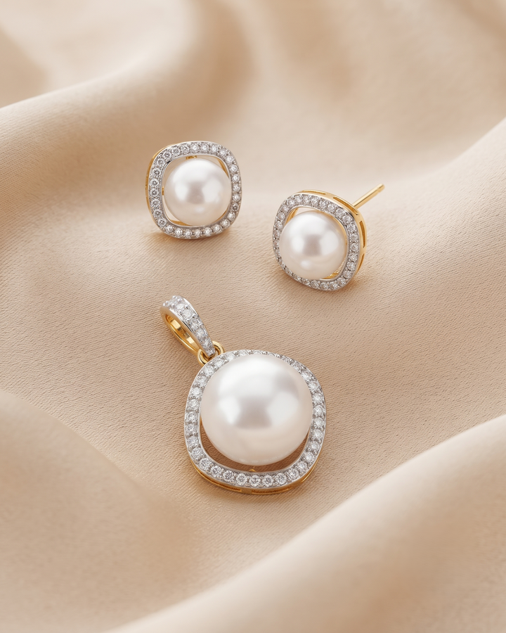The matching pearl stud earrings feature a  closure, ensuring a secure, lightweight, and comfortable fit for everyday wear.