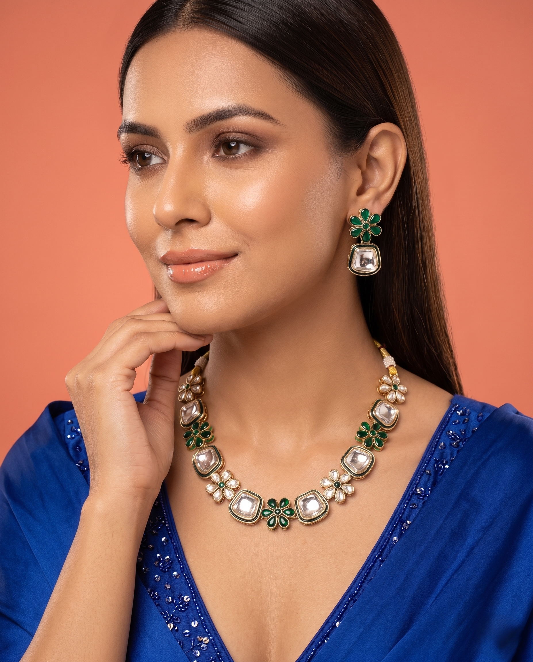 Polki Kundan Floral Necklace Set with Green Enamel & Matching Earrings – Traditional Design
