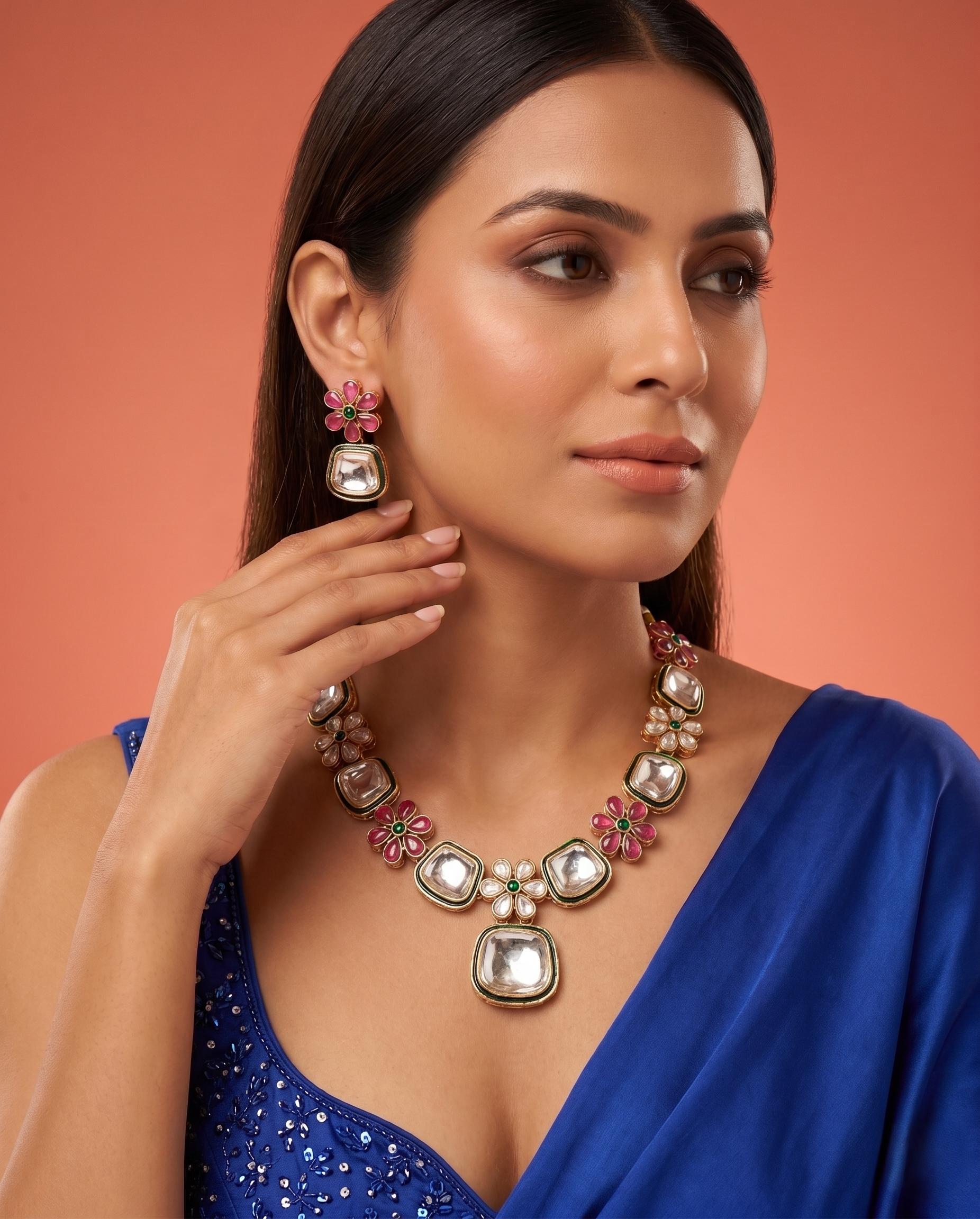 Polki Kundan Floral Necklace Set with Pink Enamel & Matching Earrings – Traditional Design
