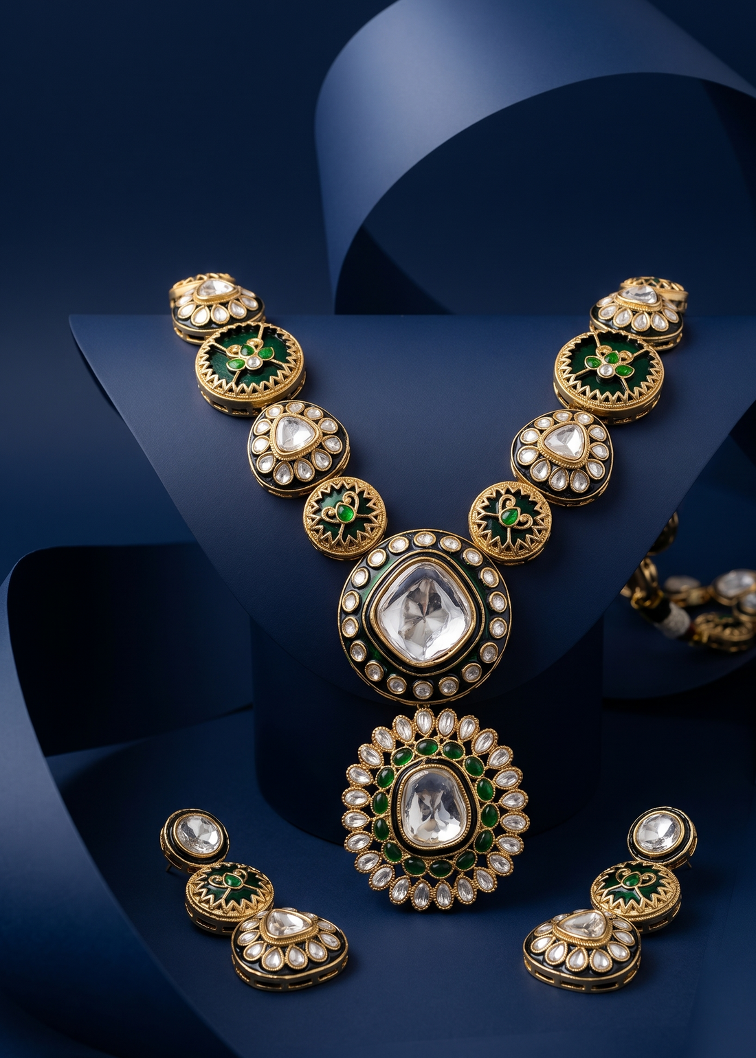 Polki Kundan Necklace Set with Green Enamel & Matching Earrings – Traditional Design

