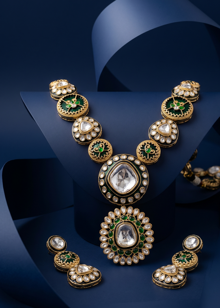Polki Kundan Necklace Set with Green Enamel & Matching Earrings – Traditional Design
