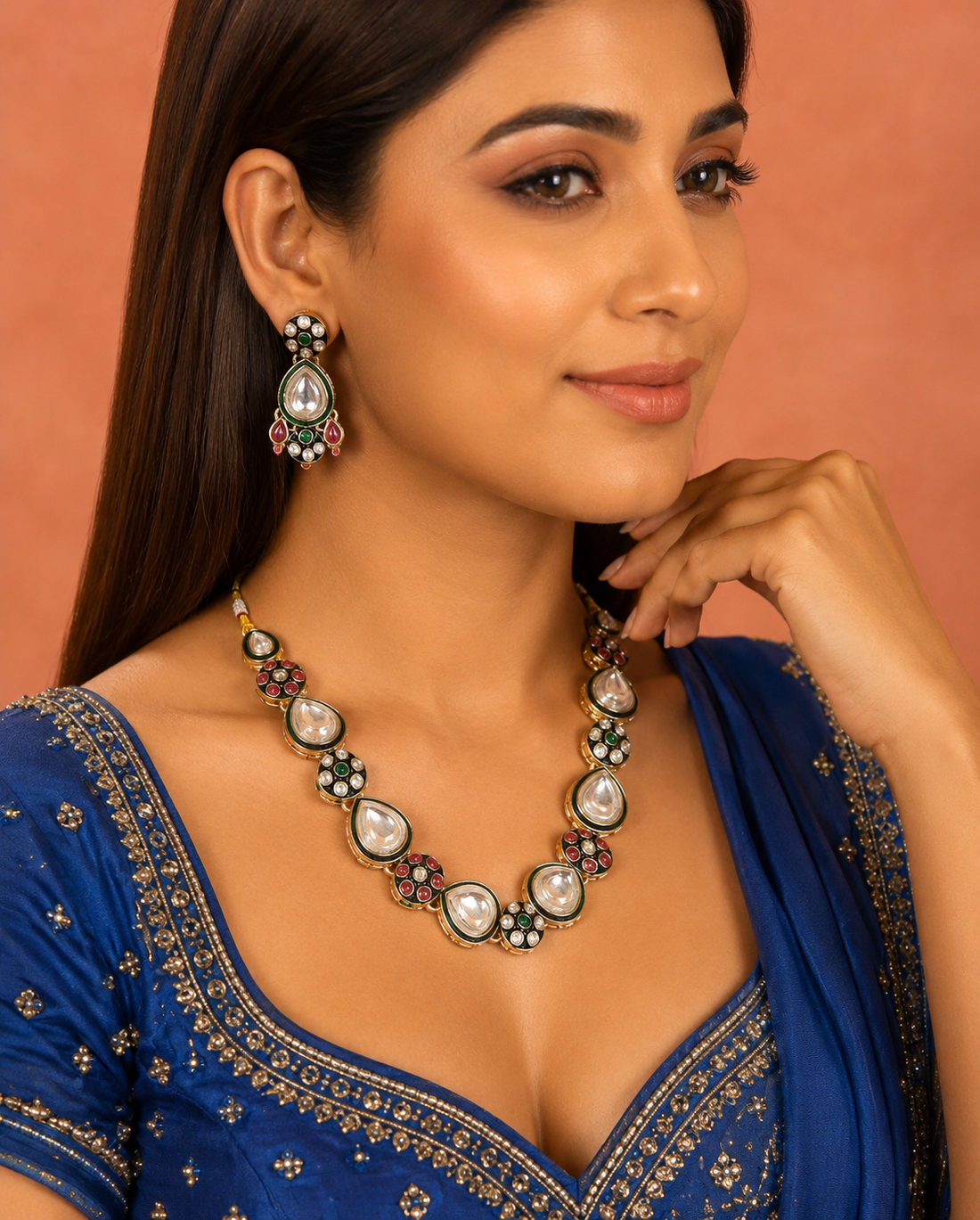 Polki Kundan Necklace Set Green & Red Enamel and Matching Earrings – Traditional Design
