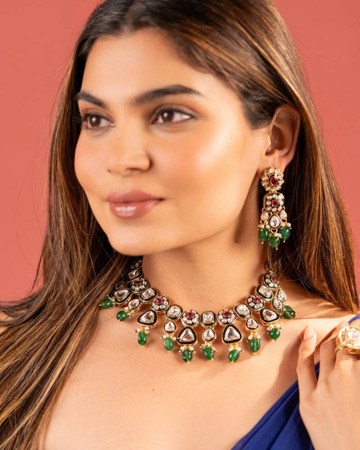 Polki Kundan Necklace Set with Green Bead Drops, Ruby Accents & Matching Earrings – Traditional Design
