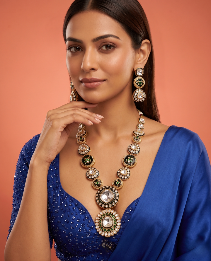 Polki Kundan Necklace Set with Green Enamel & Matching Earrings – Traditional Design
