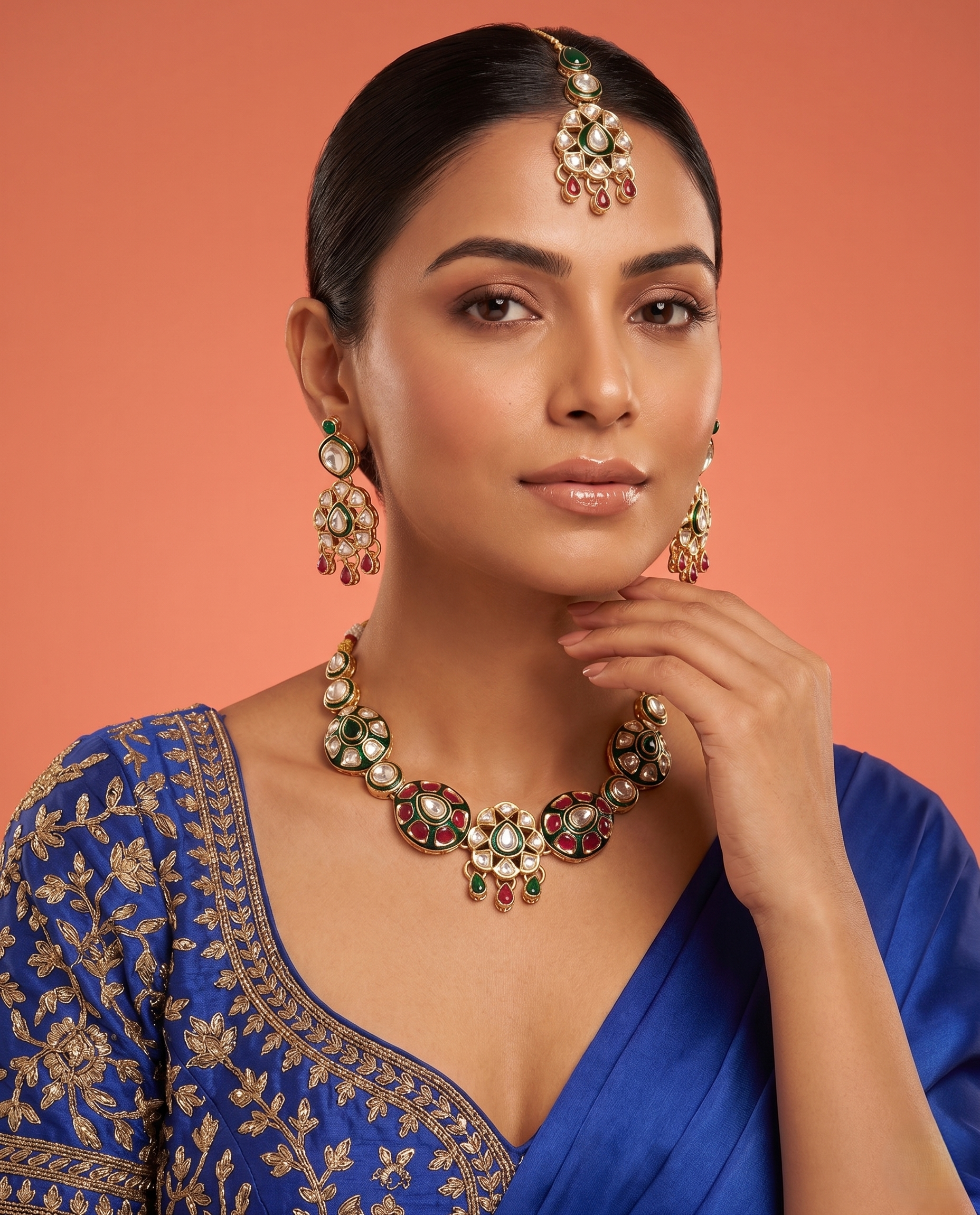 Polki Kundan Necklace Set with Green & Red Enamel and Matching Earrings – Traditional Design
