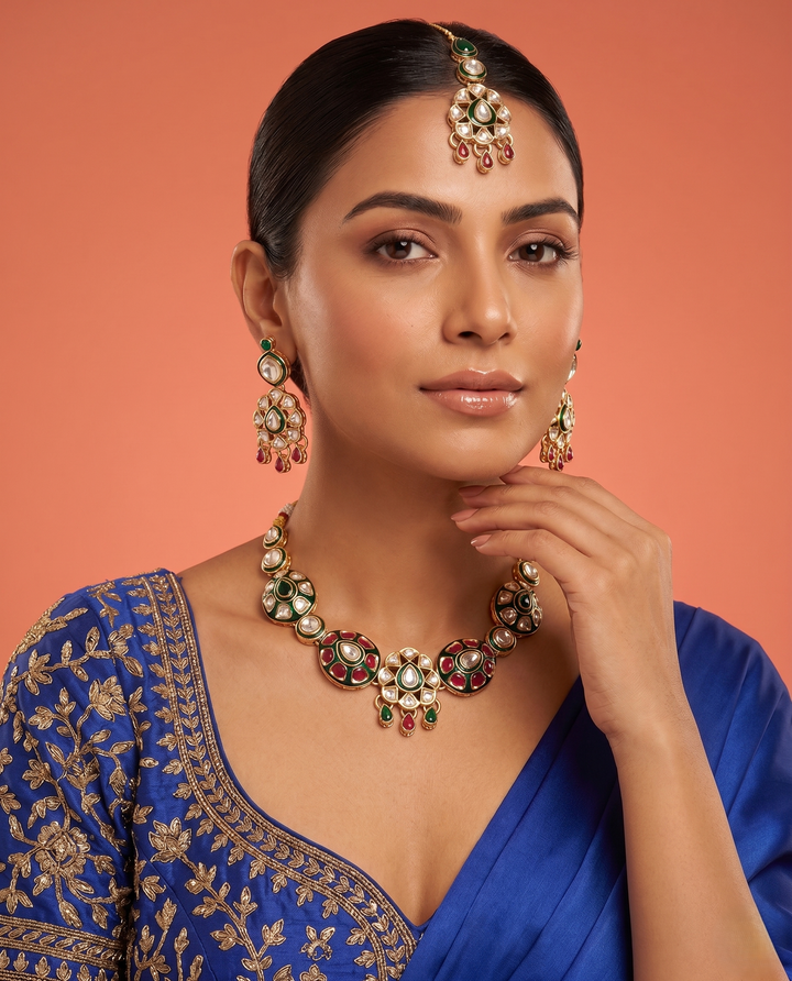 Polki Kundan Necklace Set with Green & Red Enamel and Matching Earrings – Traditional Design
